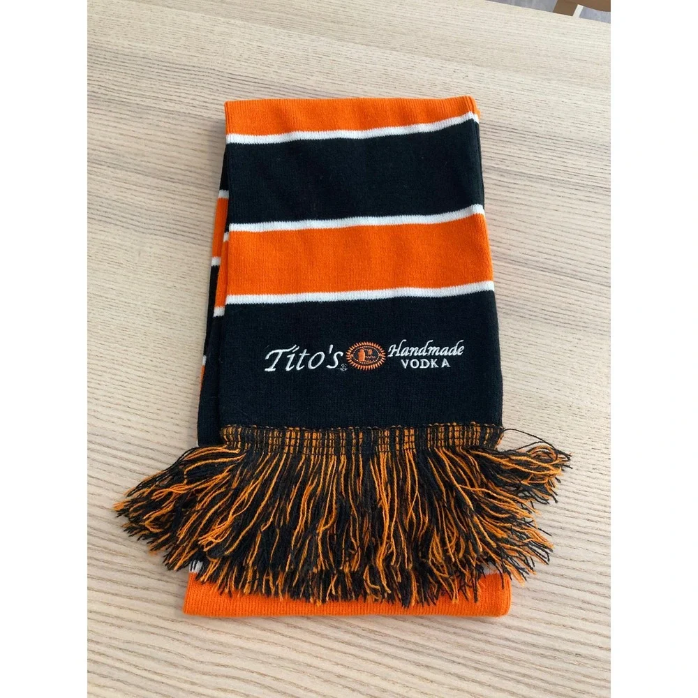 Tito's Handmade Vodka Knit Scarf Black Orange White Striped Fringed Winter Heavy